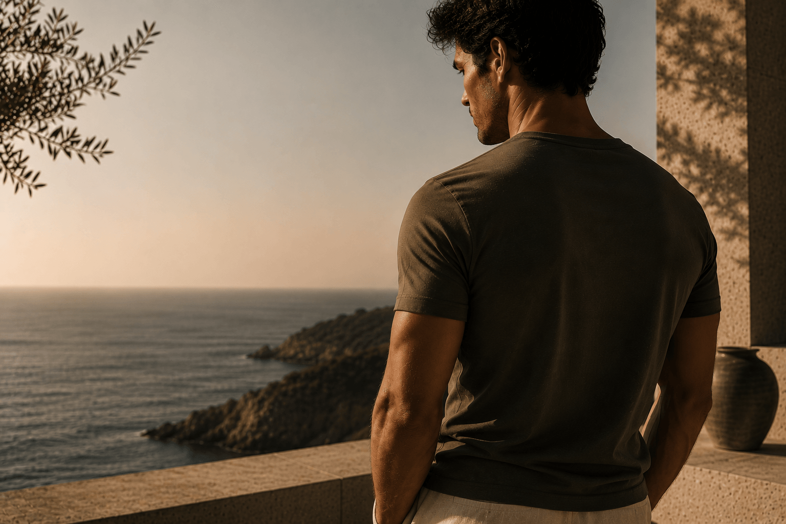 A man in an olive NŌR tee looking out over the Mediterranean at golden hour